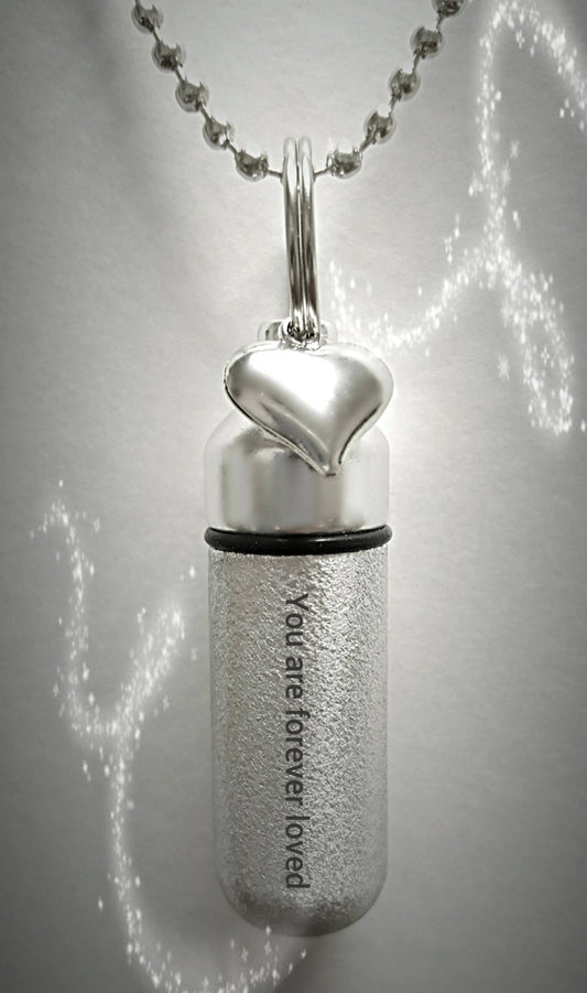 ENGRAVED Brushed Silver CREMATION URN Necklace "You are forever loved"  with Heart Charm - Includes Velvet Pouch & Fill-Kit