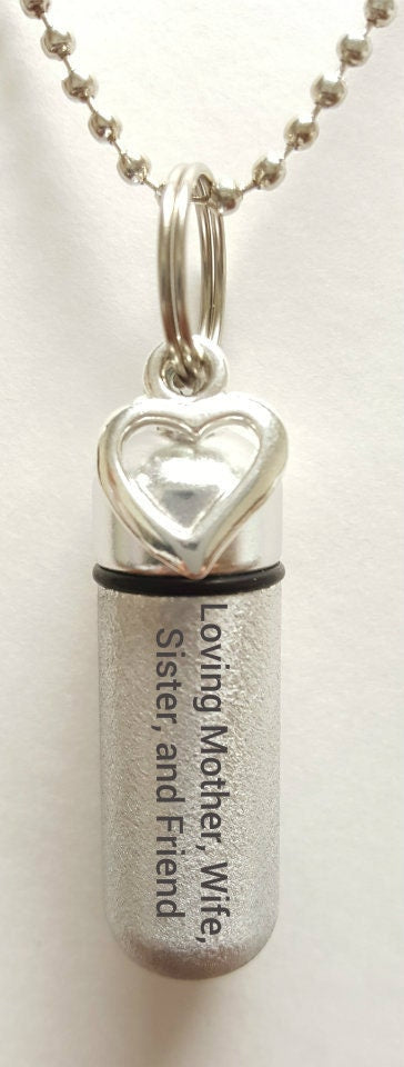 Set of Two ENGRAVED Brushed Silver CREMATION URN Necklaces "Loving Mother Wife Sister and Friend - w/Open Hearts,  Velvet Pouches & Fill-Kit