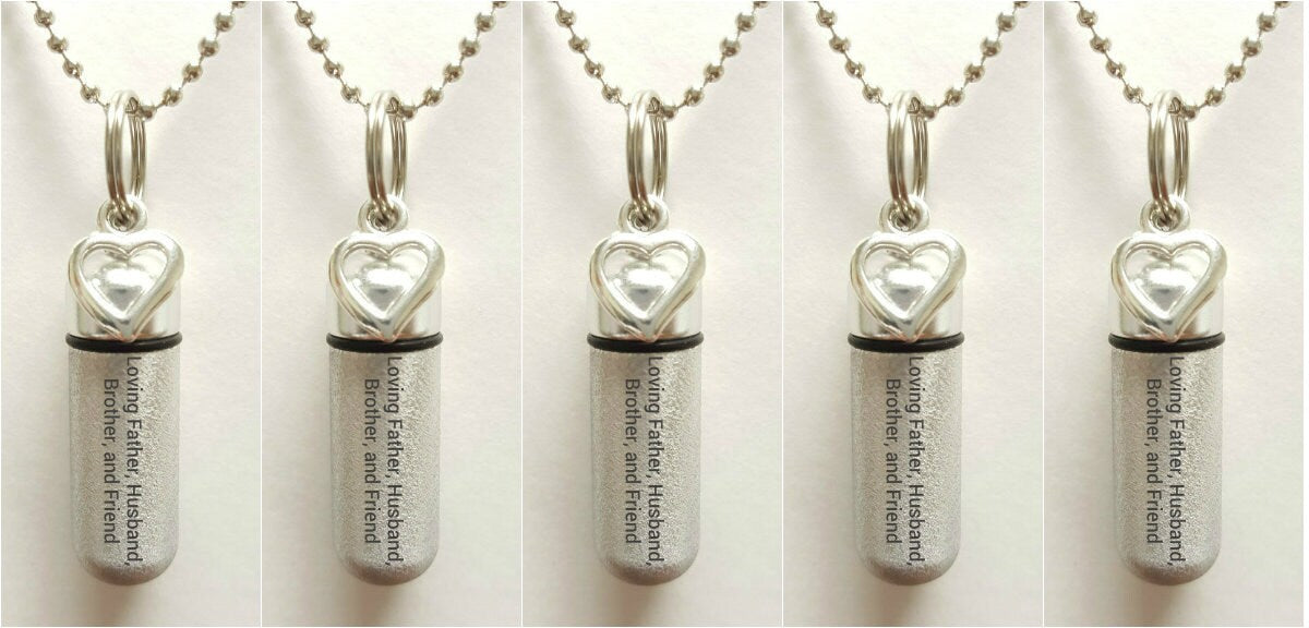 Set of 5 ENGRAVED Brushed Silver CREMATION URN Necklaces "Loving Father Husband Brother and Friend" w/Open Hearts, Velvet Pouches & Fill-Kit