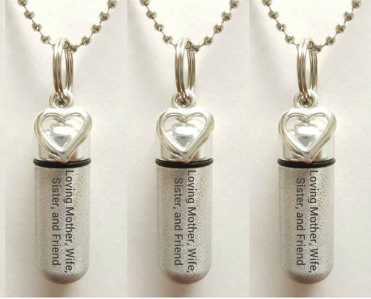 Set of 3 ENGRAVED Brushed Silver CREMATION URN Necklaces "Loving Mother Wife Sister and Friend  - w/Open Hearts,  Velvet Pouches & Fill-Kit