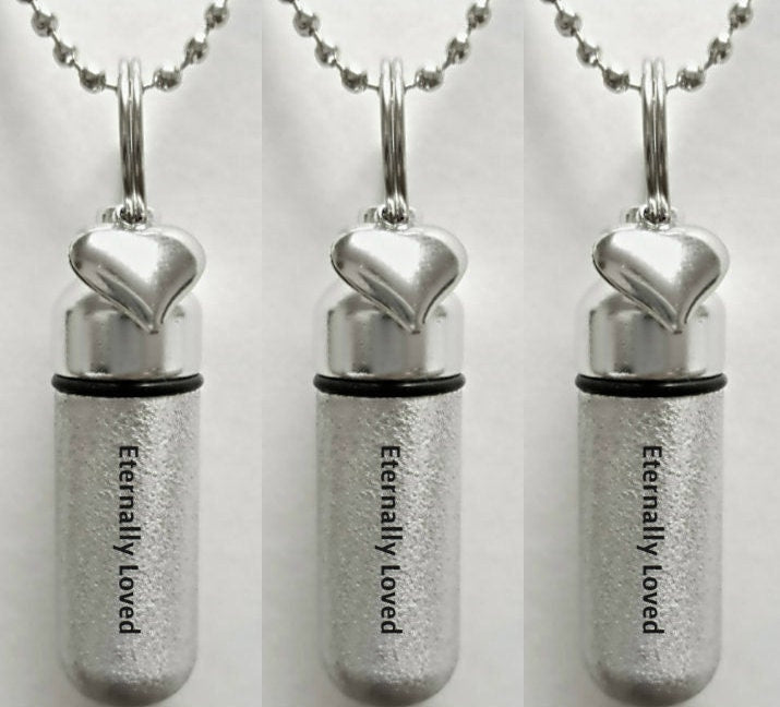 Set of 3 ENGRAVED Brushed Silver CREMATION URN Necklaces "Eternally Loved" with Heart charm - Includes 3 Velvet Pouches, 3 chains & Fill-Kit