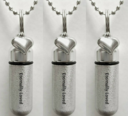 Set of 3 ENGRAVED Brushed Silver CREMATION URN Necklaces "Eternally Loved" with Heart charm - Includes 3 Velvet Pouches, 3 chains & Fill-Kit