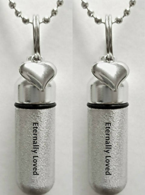 Set of 2 ENGRAVED Brushed Silver CREMATION URN Necklaces "Eternally Loved" with Heart charm - Includes Velvet Pouches & Fill-Kit