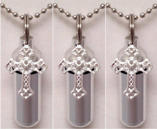 Set of THREE Polished Silver Cross Anointing Oil Holders with 3 Velvet Pouches, 3 Ball Chain Necklaces