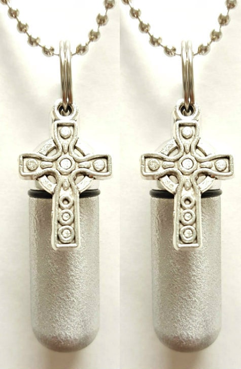 Set of TWO Brushed Silver Anointing Oil Holders with Celtic Crosses - Includes 2 Velvet Pouches, 2 Ball Chains