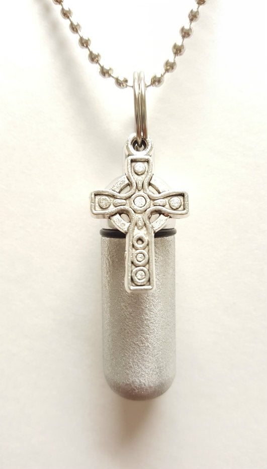 Beautiful Brushed Silver Celtic Cross Anointing Oil Holder  - Includes Velvet Pouch, 24" Ball Chain