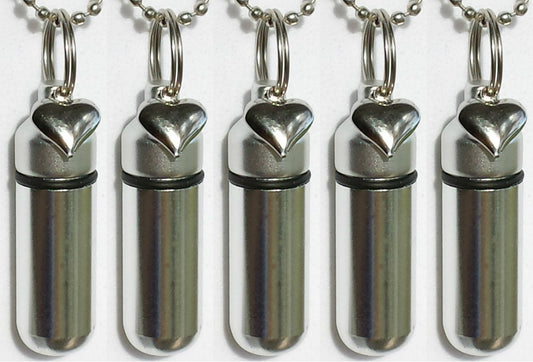 Set of FIVE Silver Heart Anointing Oil Holder Necklaces with 5 Velvet Pouches - Custom Engravable