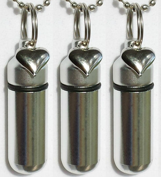 Set of THREE Silver Heart ANOINTING OIL Holders with 3 Velvet Pouches, 3 Steel Ball-Chain Necklaces