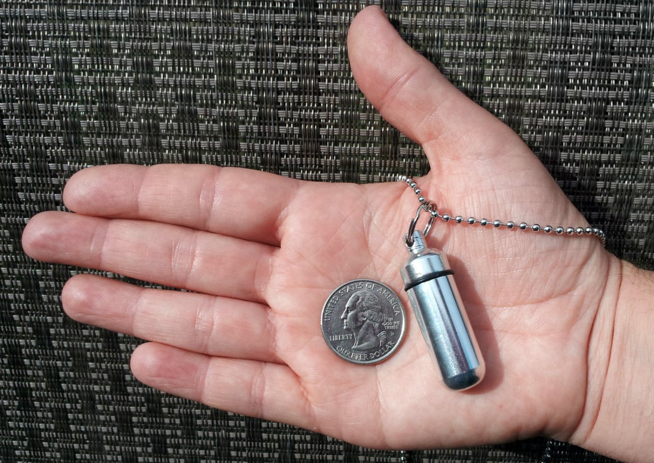 Personal CREMATION URN NECKLACE with "God has you in his hands, I have you in my heart - with Velvet Pouch,  24" Steel Ball Chain, Fill Kit