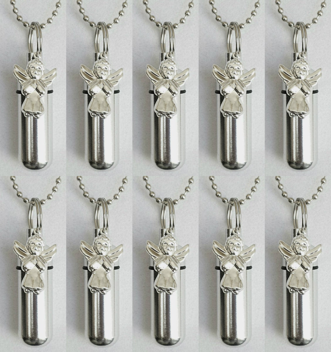 Set of TEN CREMATION URN Necklaces with Silver Plated Praying Angels - Ashes Necklace, Memorial Jewelry, Mourning Jewelry, Urn Keepsake