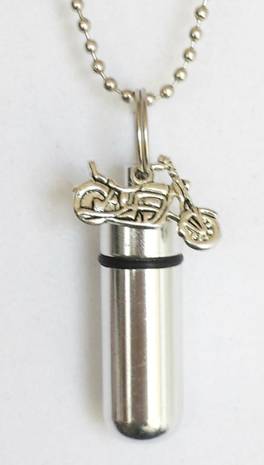 Silver Motorcycle CREMATION URN  on 24" Ball Chain Necklace with Engraved US Flag - Includes Pouch & Fill Kit - Memorial Jewelry