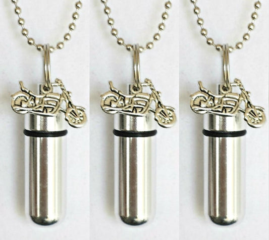 Set of Three Silver MOTORCYCLE CREMATION URN Necklaces with Laser Engraved American Flags - Urn Jewelry, Ashes Necklace, Memorial Keepsake