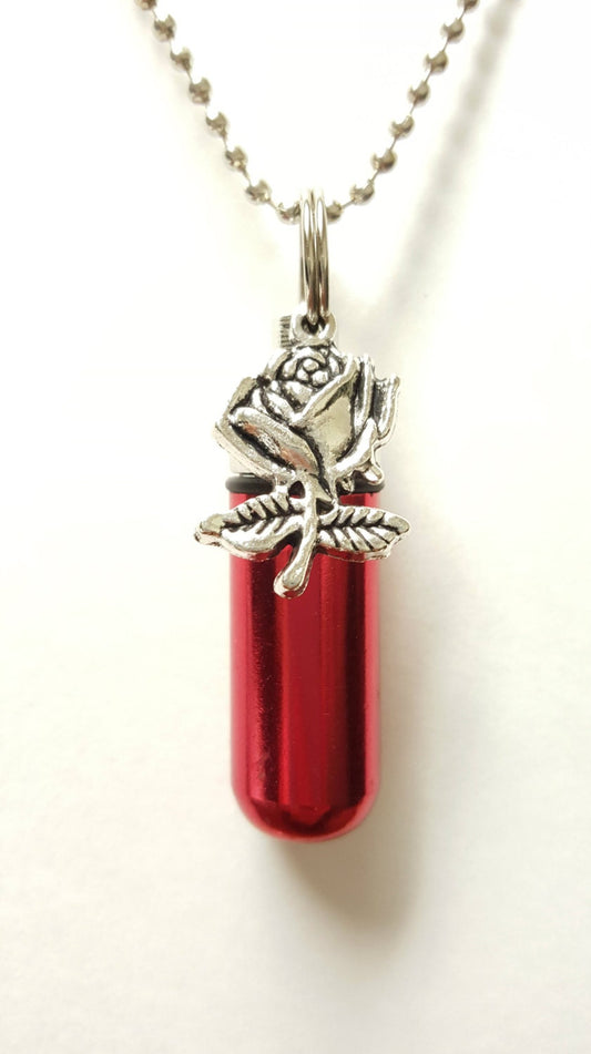 Beautiful RED CREMATION URN Necklace with Silver Rose - Complete with Velvet Pouch, 24" Ball Chain & Fill Kit - Memorial Keepsake, Child Urn