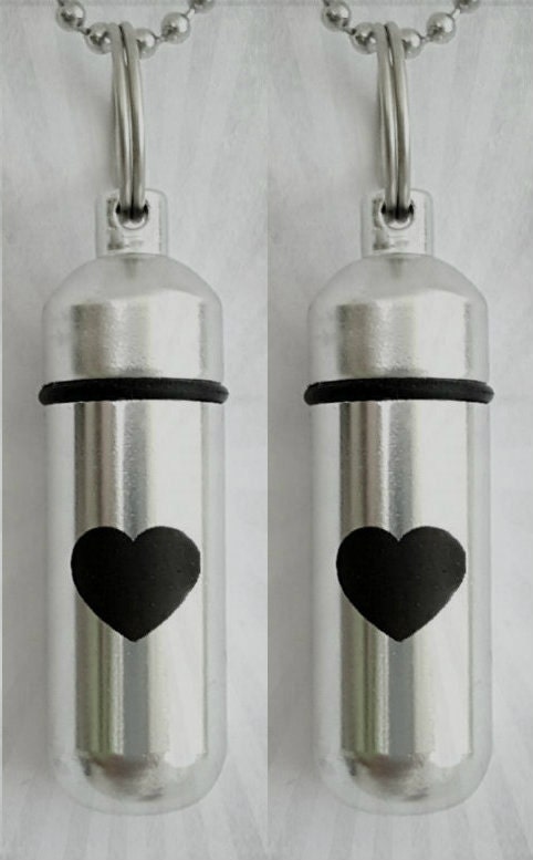 TWO Laser Engraved Simple Heart Cremation Urn Necklaces with Velvet Pouches, Ball-Chains and Fill Kit