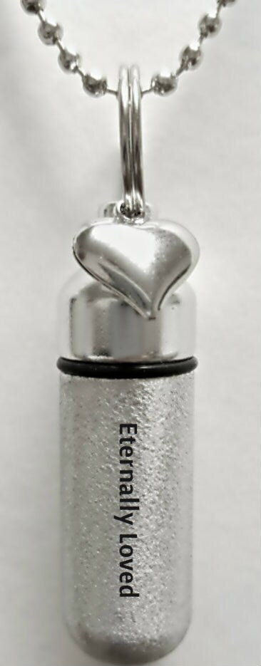 Set of 5 ENGRAVED Brushed Silver CREMATION URN Necklaces "Eternally Loved" with Heart charm - Includes Velvet Pouches & Fill-Kit