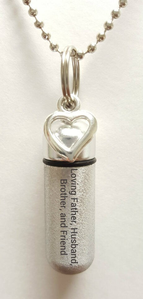 Set of 5 ENGRAVED Brushed Silver CREMATION URN Necklaces "Loving Father Husband Brother and Friend" w/Open Hearts, Velvet Pouches & Fill-Kit