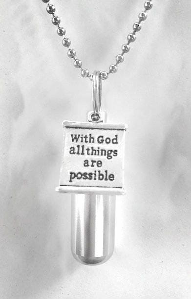 Personal Cremation Urn  "With God all things are possible"  Assembled with Velvet Pouch, 24" Steel Ball Chain Necklace and Fill Kit