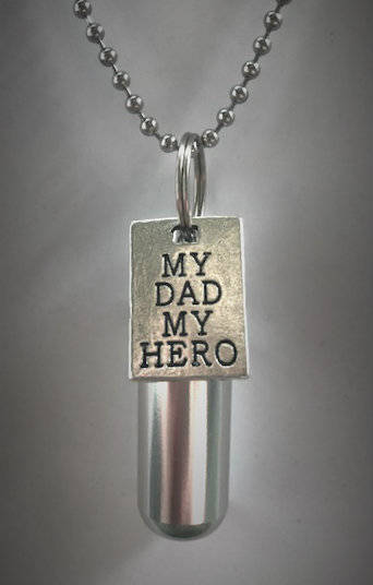 Personal Cremation Urn  with "My Dad My Hero" Engraved Pendant - Includes Velvet Pouch, Steel 24" Ball Chain Necklace and Fill Kit