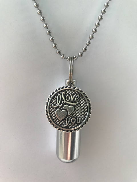 Personal Cremation Urn "I love You" (with hearts) - Includes Velvet Pouch, 24" Ball Chain Necklace - Child Urn, Memorial Keepsake, Ashes Urn
