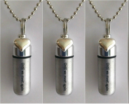 Set of 3 ENGRAVED Brushed Silver Cremation Urn Necklaces "Until we meet again" with Puffed Heart - with 3 Velvet Pouches, 3 Chains, Fill Kit