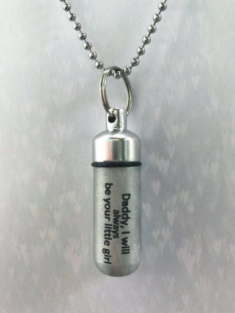 ENGRAVED Brushed Silver CREMATION URN Necklace "Daddy, I will always be your little girl"  - Includes Velvet Pouch, Ball Chain & Fill-Kit