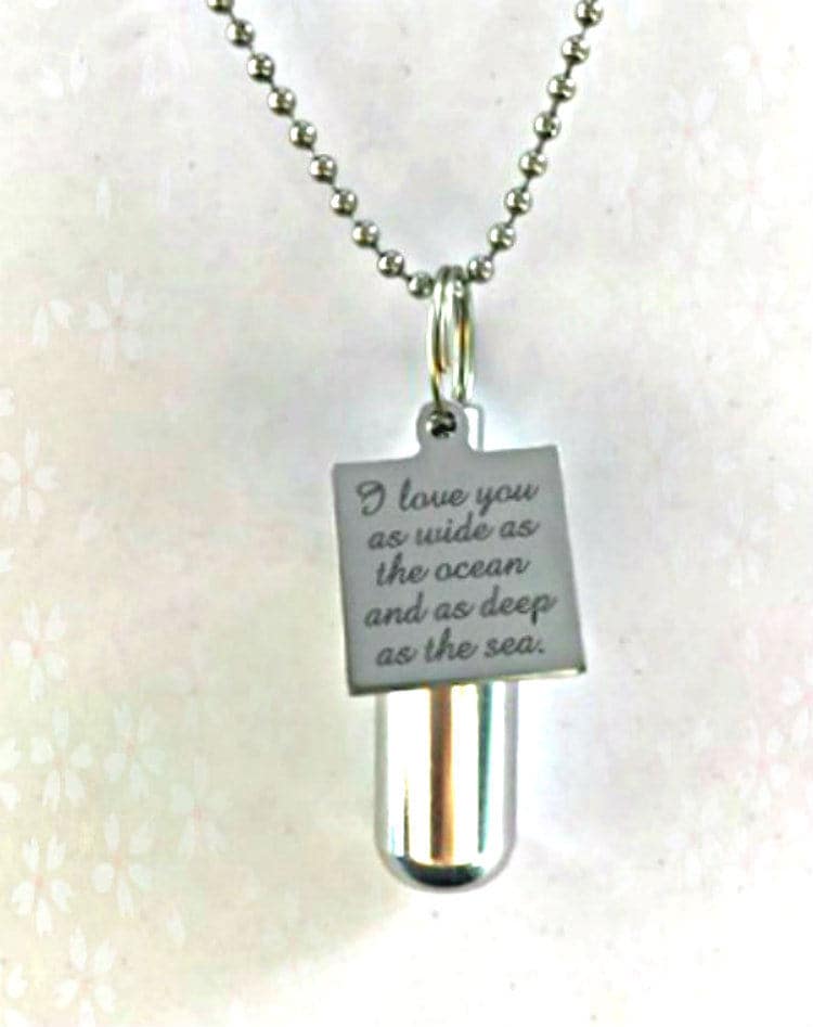 Personal CREMATION URN NECKLACE "I love you as wide as the ocean and as deep as the sea" - w/Velvet Pouch, Ball Chain, Fill Kit