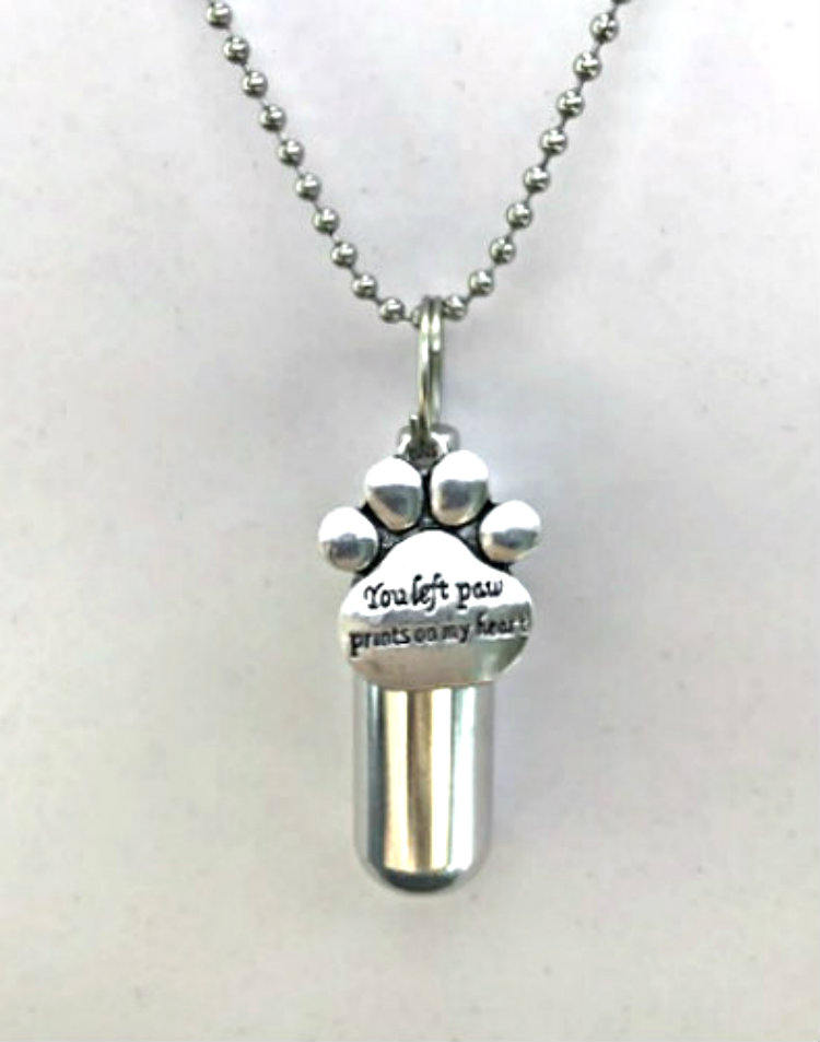 Personal Engraved CREMATION URN NECKLACE "You left paw prints on my heart" - with Velvet Pouch, 24" Steel Ball Chain & Fill Kit