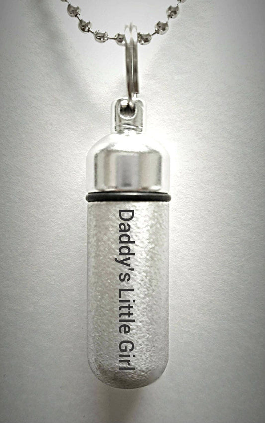 Engraved  "Daddy's Little Girl"   Brushed Silver CREMATION URN Necklace with Velvet Pouch and Fill Kit