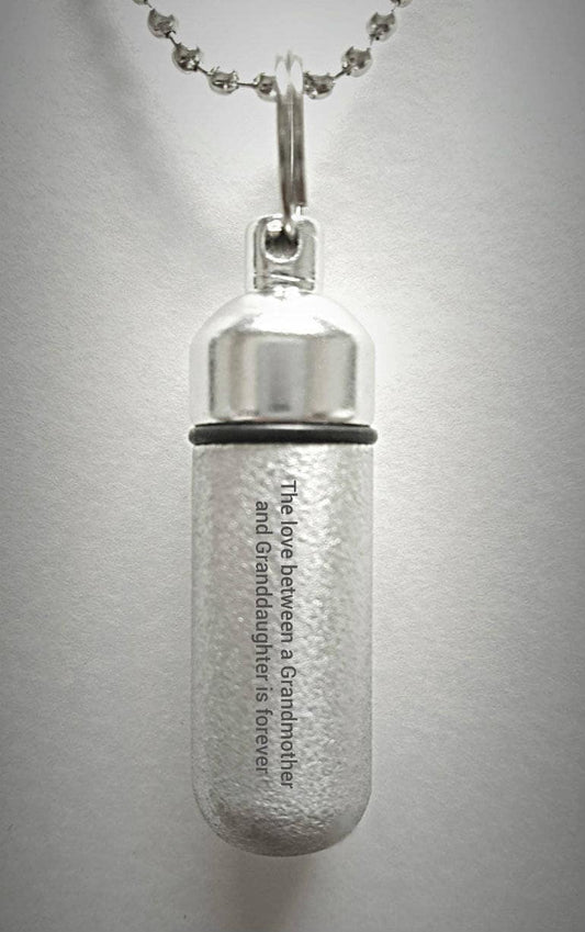 Engraved  "The love between a Grandmother and Granddaughter is forever" Brushed Silver CREMATION URN Necklace  w/Velvet Pouch and Fill Kit