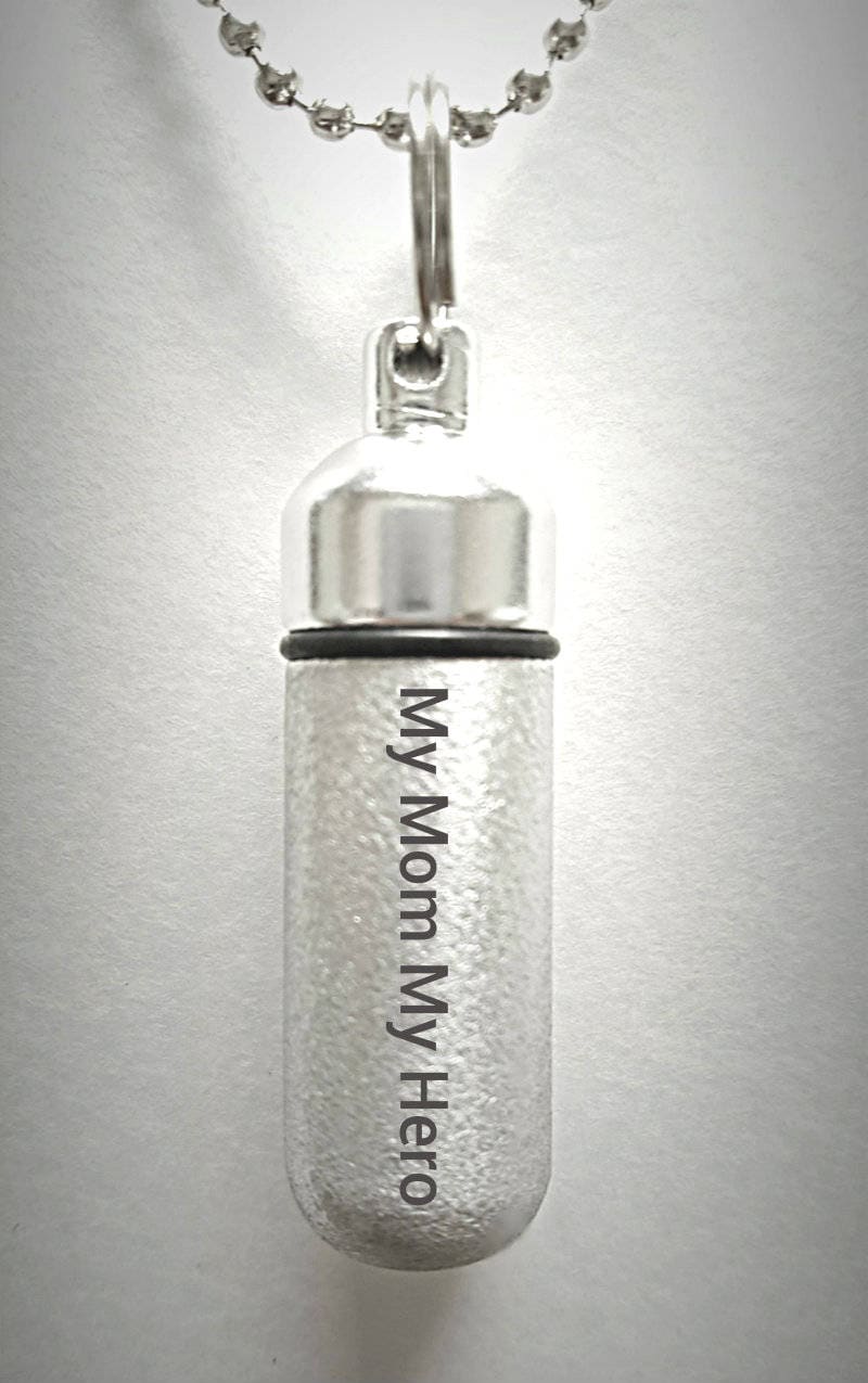 Engraved  "My Mom My Hero"   - Brushed Silver CREMATION URN Necklace -  Hand Crafted - with Velvet Pouch and Fill Kit