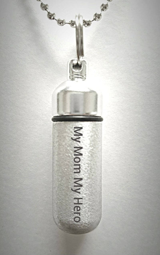 Engraved  "My Mom My Hero"   - Brushed Silver CREMATION URN Necklace -  Hand Crafted - with Velvet Pouch and Fill Kit