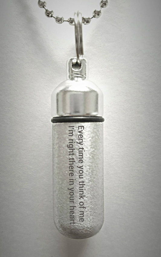 Engraved Brushed Silver CREMATION URN  "Every time you think of me I'm right there in your heart"  Necklace with Velvet Pouch and Fill Kit