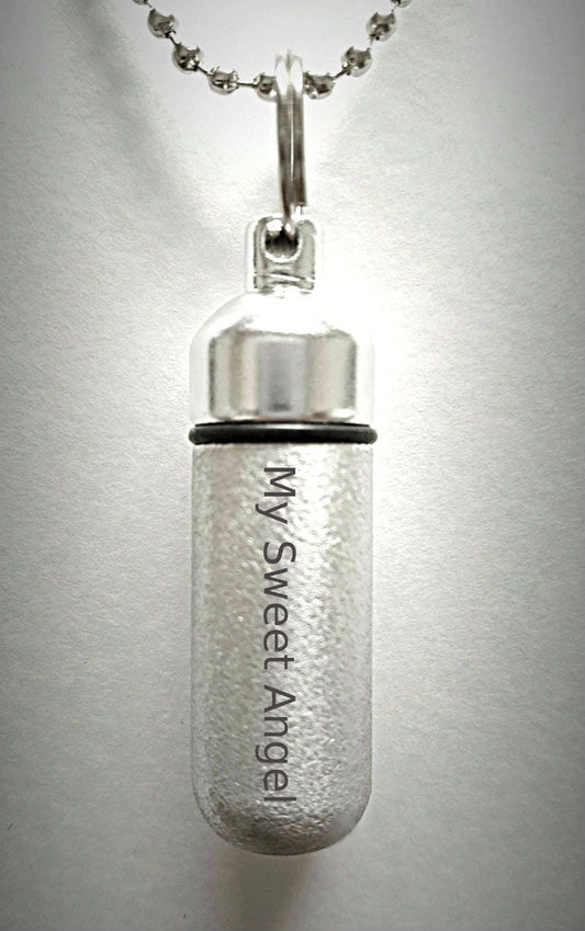 Engraved  "My Sweet Angel"   Brushed Silver CREMATION URN Necklace with Velvet Pouch and Fill Kit
