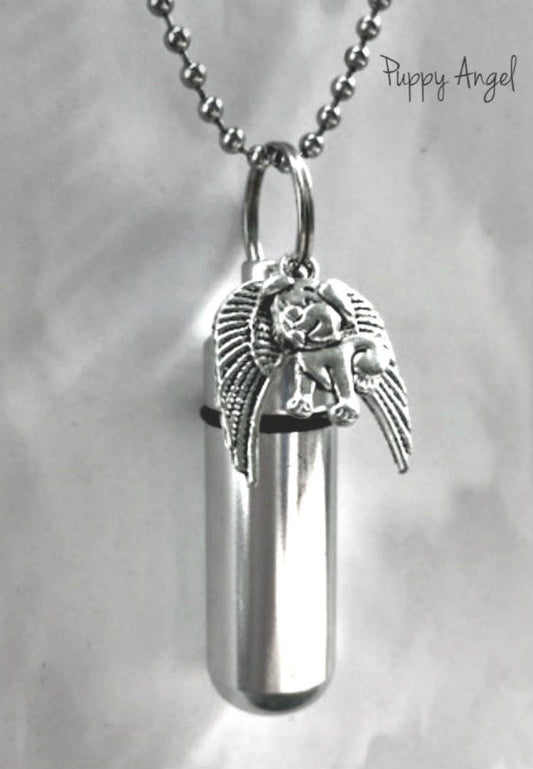 Adorable Silver Cremation Urn with Puppy Dog Angel Pendant on 24" Ball Chain Necklace with Velvet Pouch and Fill Kit