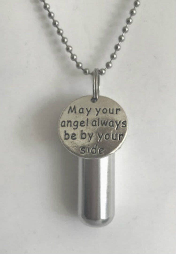 Engraved  "May your angel always be by your side"  - Cremation Urn Necklace -  Hand Crafted - with Velvet Pouch and Fill Kit