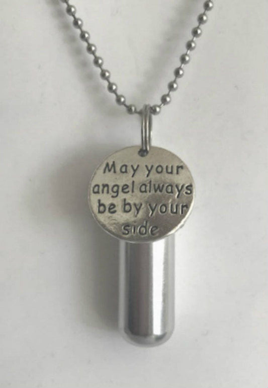 Engraved  "May your angel always be by your side"  - Cremation Urn Necklace -  Hand Crafted - with Velvet Pouch and Fill Kit