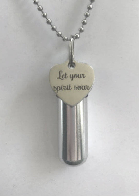 Engraved  Heart "Let your spirit soar" CREMATION URN NECKLACE -  Handcrafted, Memorial Jewelry, Ashes Keepsake, Child Loss, Pet Loss