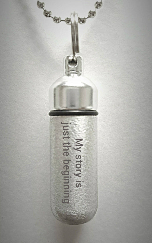 Engraved  "My story is just the beginning"  Brushed Silver CREMATION URN Necklace with Velvet Pouch and Fill Kit