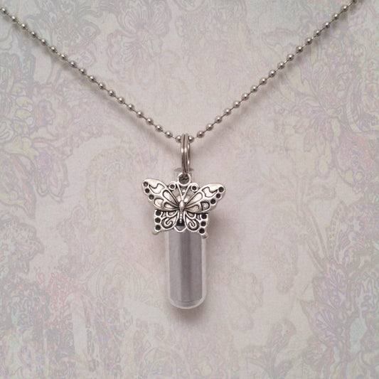 Silver Cremation Urn & Vial on 24" Necklace with BUTTERFLY - Urn Keepsake, Child Urn, Memorial Jewelry, Pet Urn, Personalized Urn, Ashes Urn
