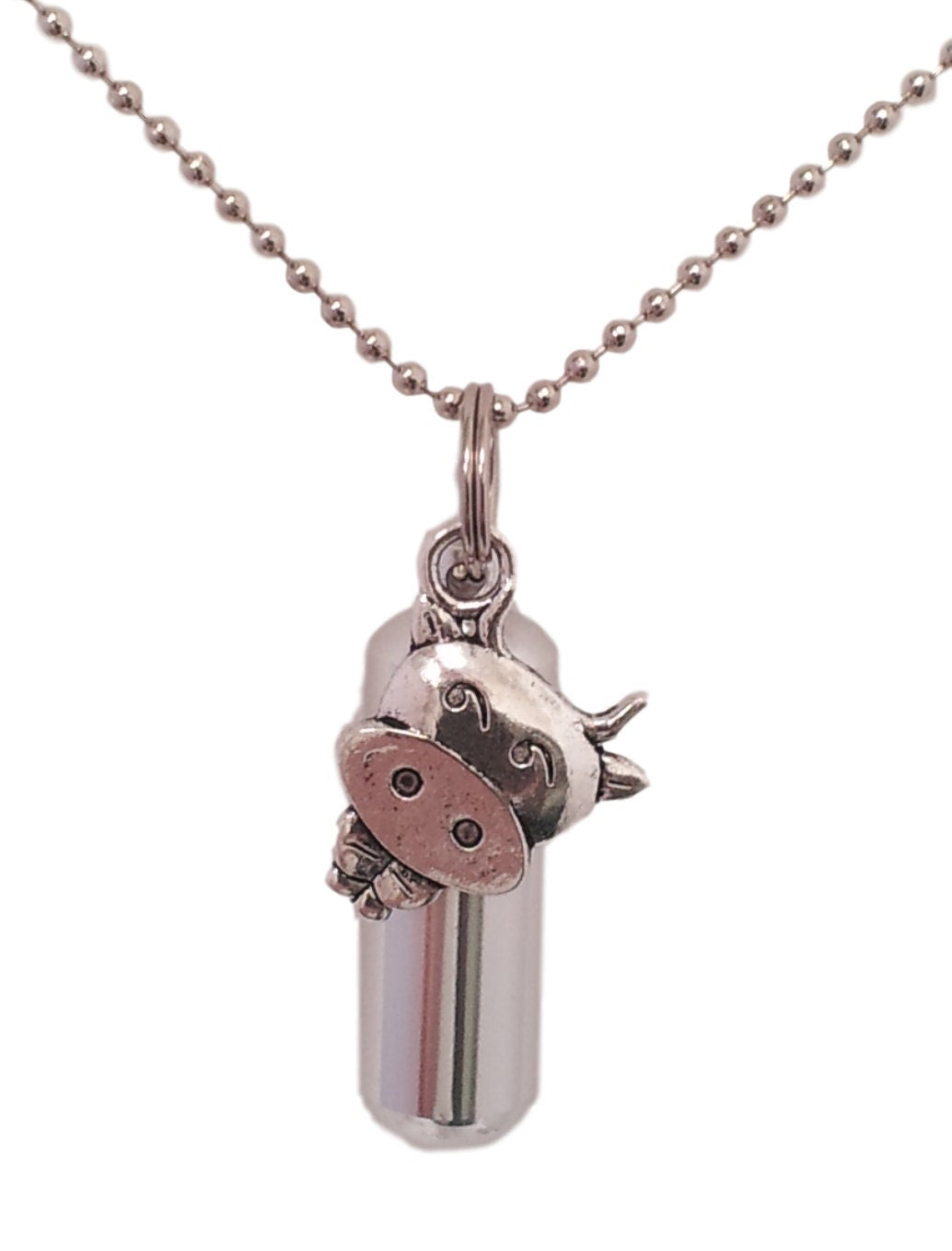 Personal CREMATION URN & holder on 24" Ball-Chain Necklace with Silver Cow - Hand Assembled.... with Velvet Pouch and Fill Kit
