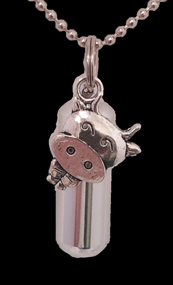Personal CREMATION URN & holder on 24" Ball-Chain Necklace with Silver Cow - Hand Assembled.... with Velvet Pouch and Fill Kit