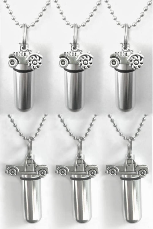 Set of SIX  Cremation Urn Necklaces - Tractors & Pickup Trucks - Urn Keepsakes, Mourning Jewelry, Urn For Human Ashes, Personalized Urn