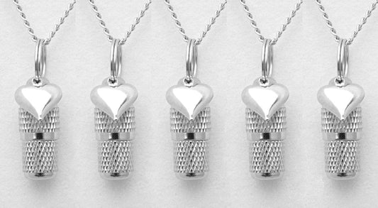 Beautiful Faceted Set of FIVE Mini Cremation Urns on Curb Chain Necklaces w/Silver Hearts - Hand Assembled with 5 Velvet Pouches & Fill Kit