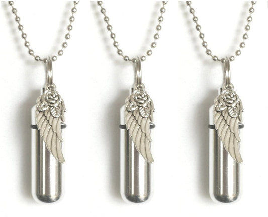 Set of THREE Silver "Wing with Rose" Anointing Oil Holders Includes 3 Velvet Pouches, 3 Ball Chain Necklaces