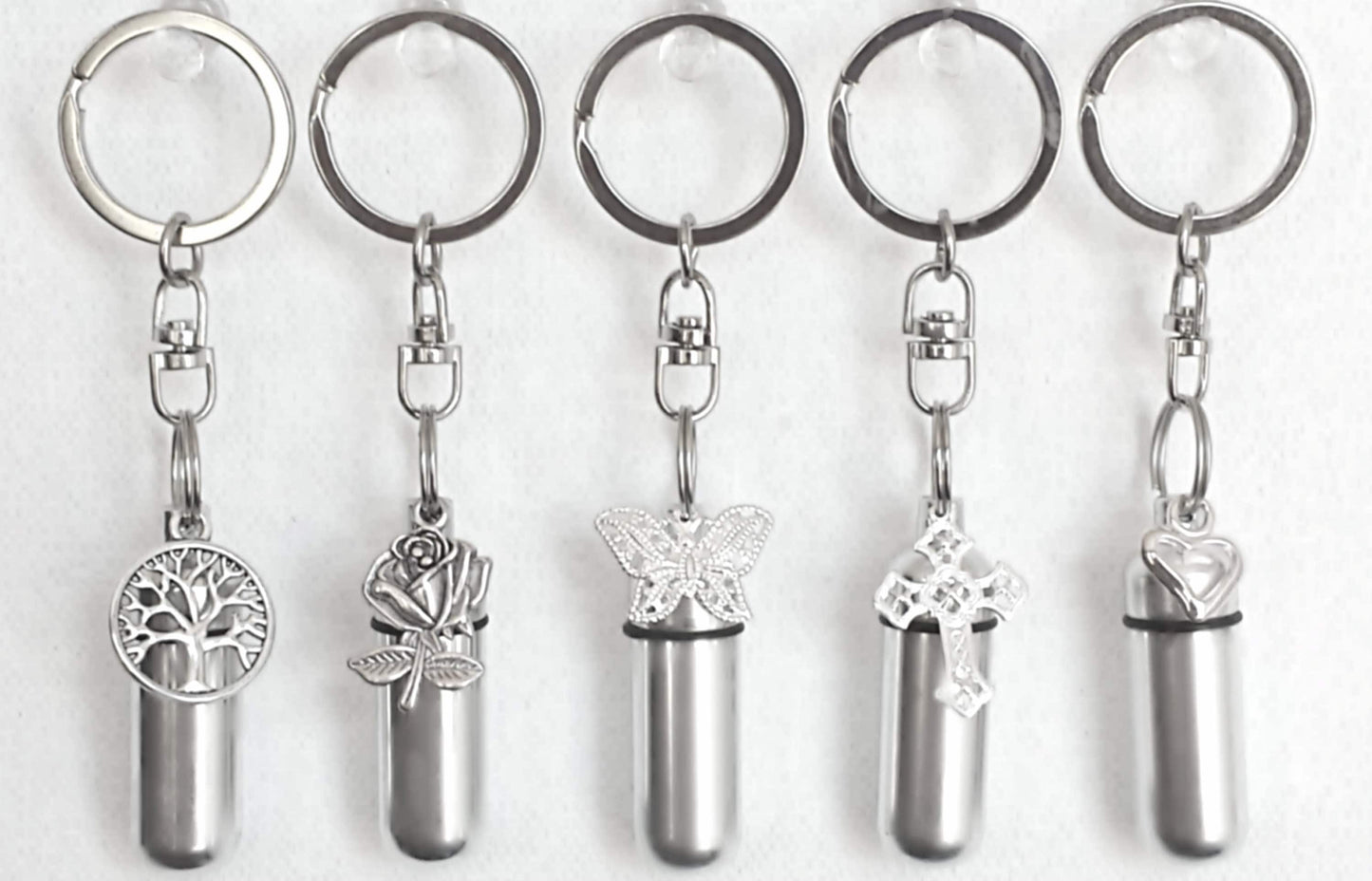 Set of FIVE Assorted CREMATION URNS on Steel Swivel Keychains - Silver Rose/Tree-of-Life/Butterfly/Lace Cross/Open Heart - Ashes Keepsake