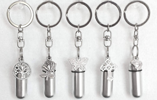 Set of FIVE Assorted CREMATION URNS on Steel Swivel Keychains - Silver Rose/Tree-of-Life/Butterfly/Lace Cross/Open Heart - Ashes Keepsake