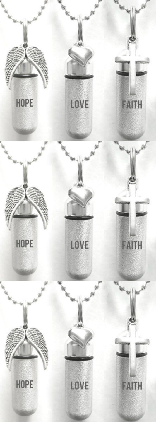 Set of NINE Engraved Hope/Love/Faith Brushed Silver Cremation URNS - with Wings, Hearts, Crosses - Includes 24" Ball Chains & Velvet Pouches
