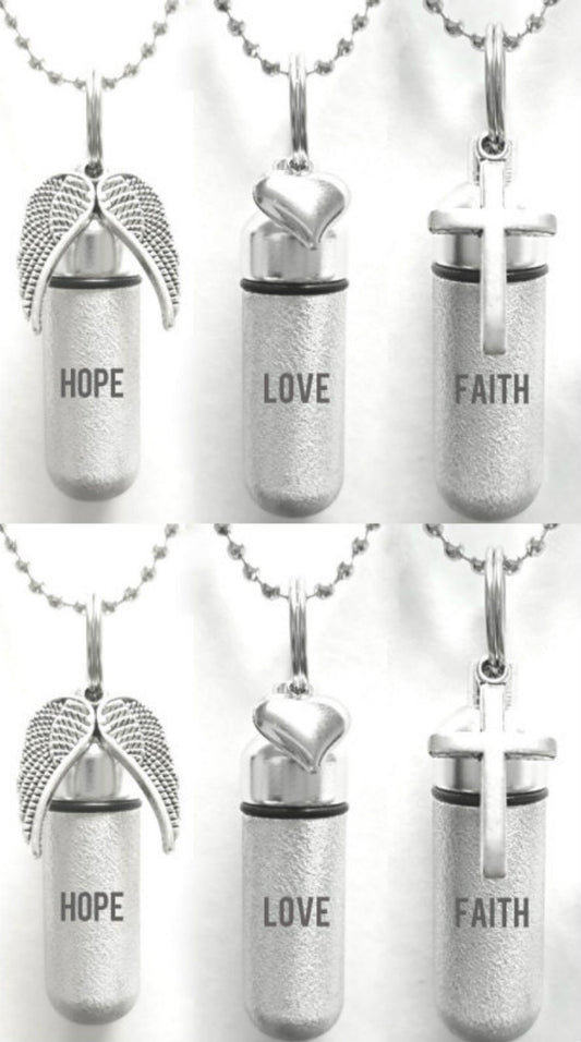 Set of SIX Laser Engraved Hope/Love/Faith Brushed Silver Cremation URNS - with Wings, Hearts, Crosses - Includes 24" Ball Chains & Pouches