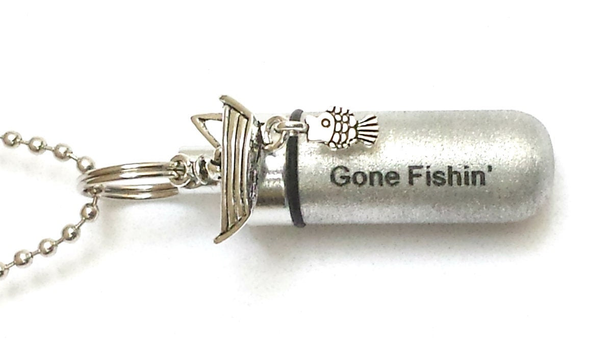 Set of Ten Brushed Silver Fisherman CREMATION URN Necklaces, Engraved "Gone Fishin" Urn Keepsake, Ashes Necklace, Mourning Jewelry