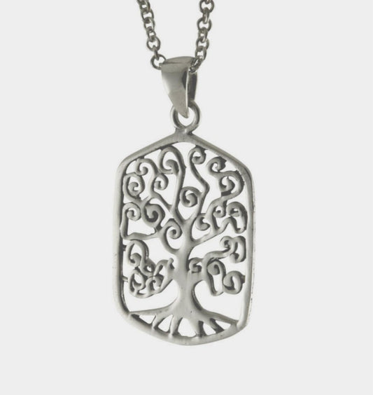 Elegant Rectangular TREE OF LIFE Pendant on 24" Steel Ball Chain Necklace in Black Velvet Pouch